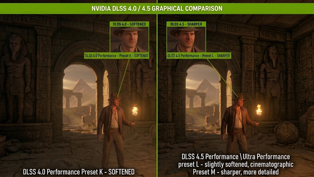 Сравнение настроек DLSS 4 против DLSS 4.5 в Indiana Jones and the Great Circle