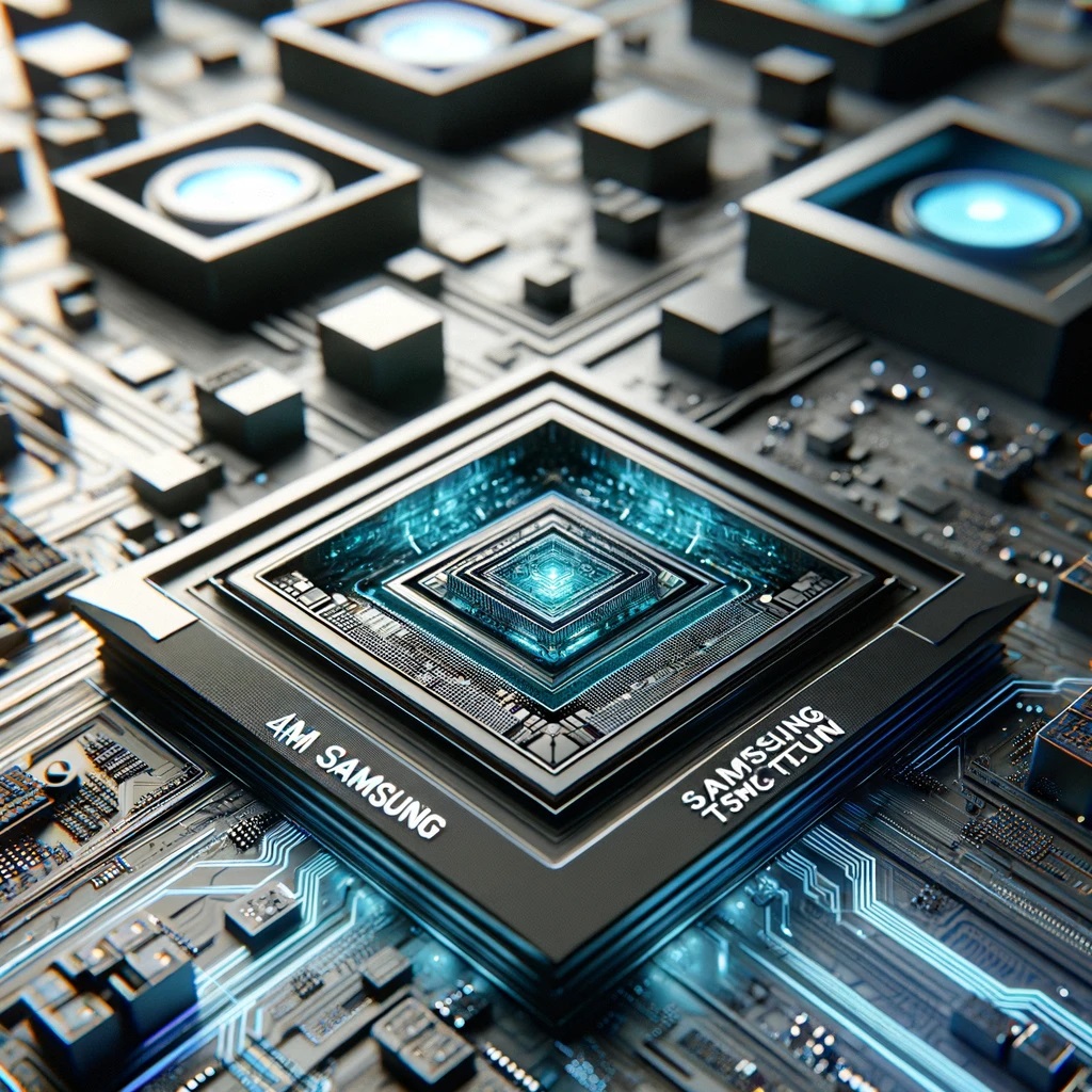 DALLE 2023 11 11 18.22.42 A futuristic and high tech digital concept art of AMDs next generation chips using Samsungs 4nm and TSMCs 3nm process nodes. The image should showc