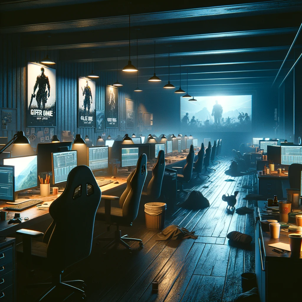 DALLE 2023 11 11 17.50.25 A realistic 3D rendered image of a dark and moody office at a video game development studio late at night. The office is filled with computer monitors