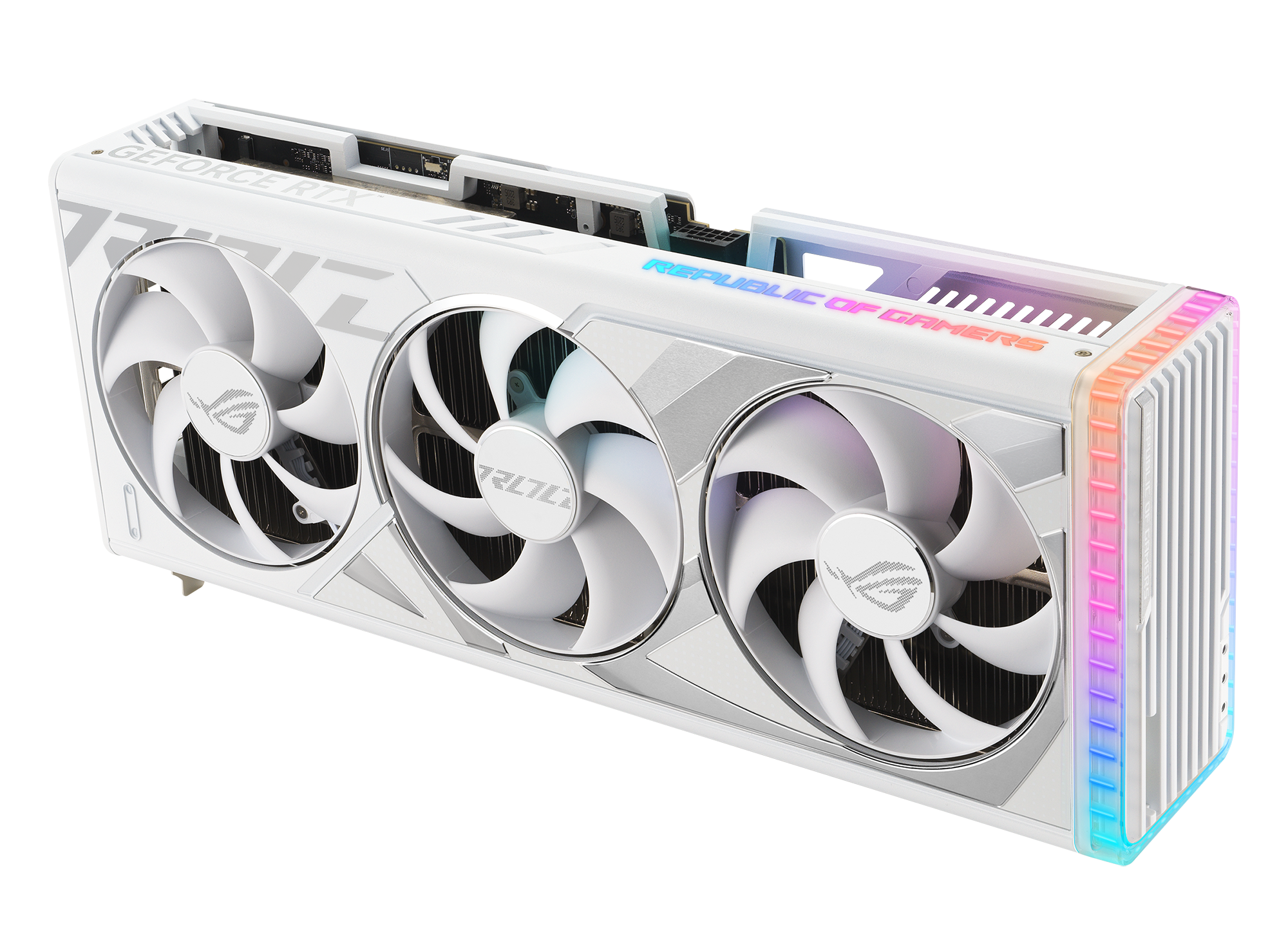 ROG Strix GeForce RTX 4080 white edition graphics card highlighting the fans ARGB element3