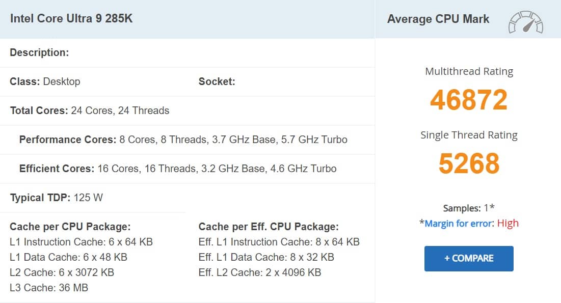 Passmark Intel Core Ultra 9 285K