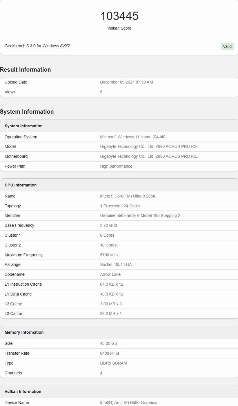 Intel Arc B580 Vulkan