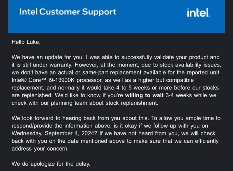 Intel Customer Support Email For 14th Gen 13th Gen CPU RMA.800 1