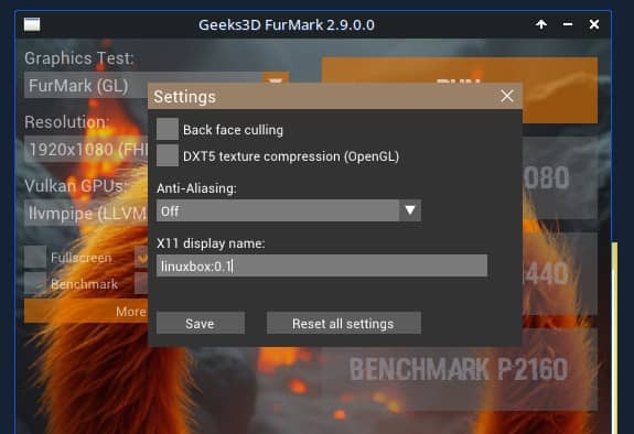 furmark 2 9 settings linux x11 display name