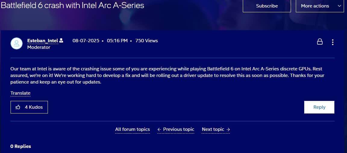 Battlefield 6 crash with Intel Arc A Series
