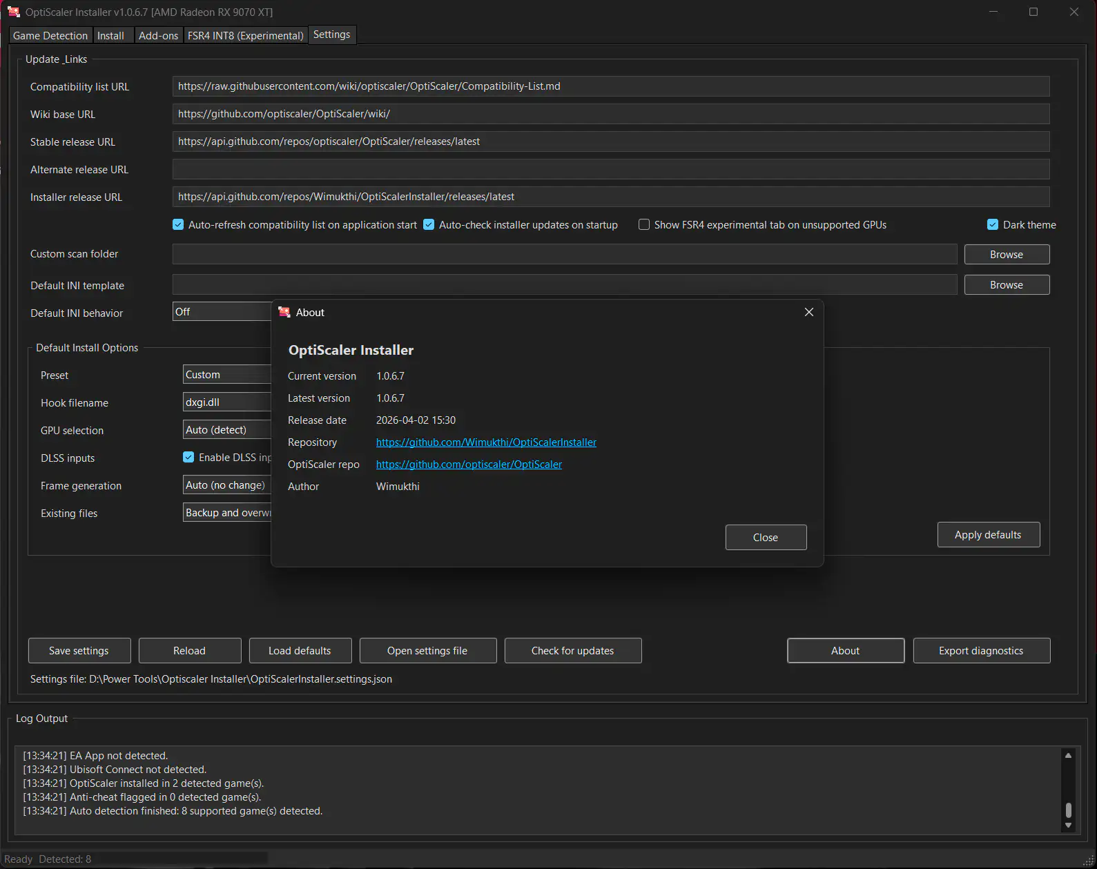 Interface do OptiScaler usada como base pelo AMDNR