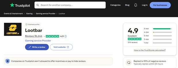 Рейтинг LootBar.gg на Trustpilot