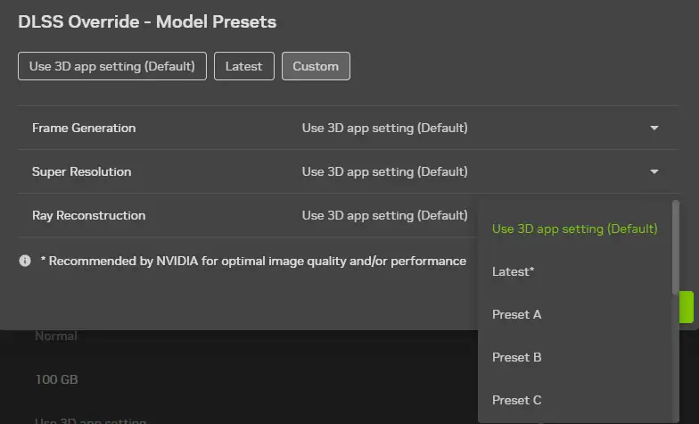 nvidia app dlss overrides model presets choose any model gamegpu