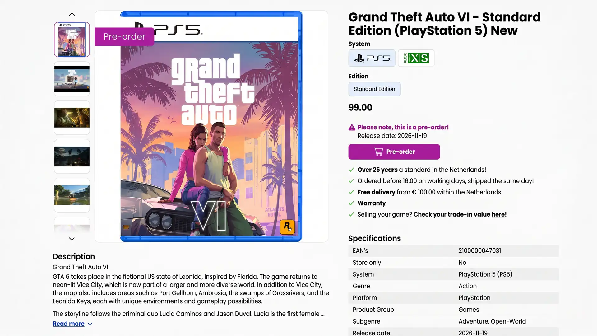 Нидерландский ритейлер выставил цену почти 110$ за предзаказ GTA 6