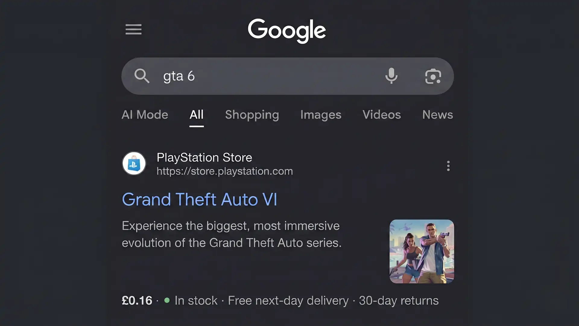 Поисковик Google ошибочно оценил новую Grand Theft Auto VI в £16