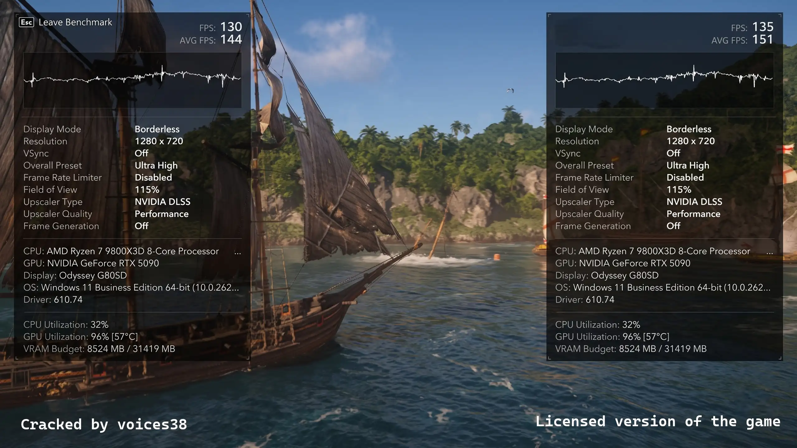 Взлом Denuvo от voices38 проиграл лицензии 5% по FPS на Ryzen 7 9800X3D в Black Flag Resynced