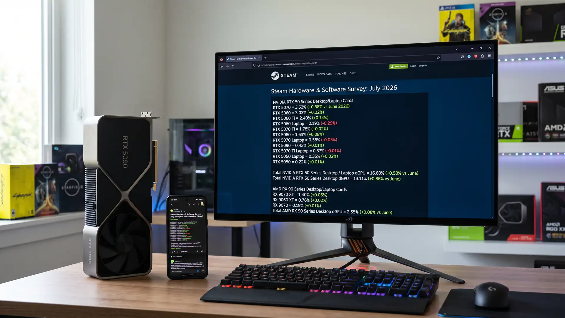 Доля NVIDIA RTX 50 в Steam превысила 16% а AMD RX 9000 имеет лишь 2.35%