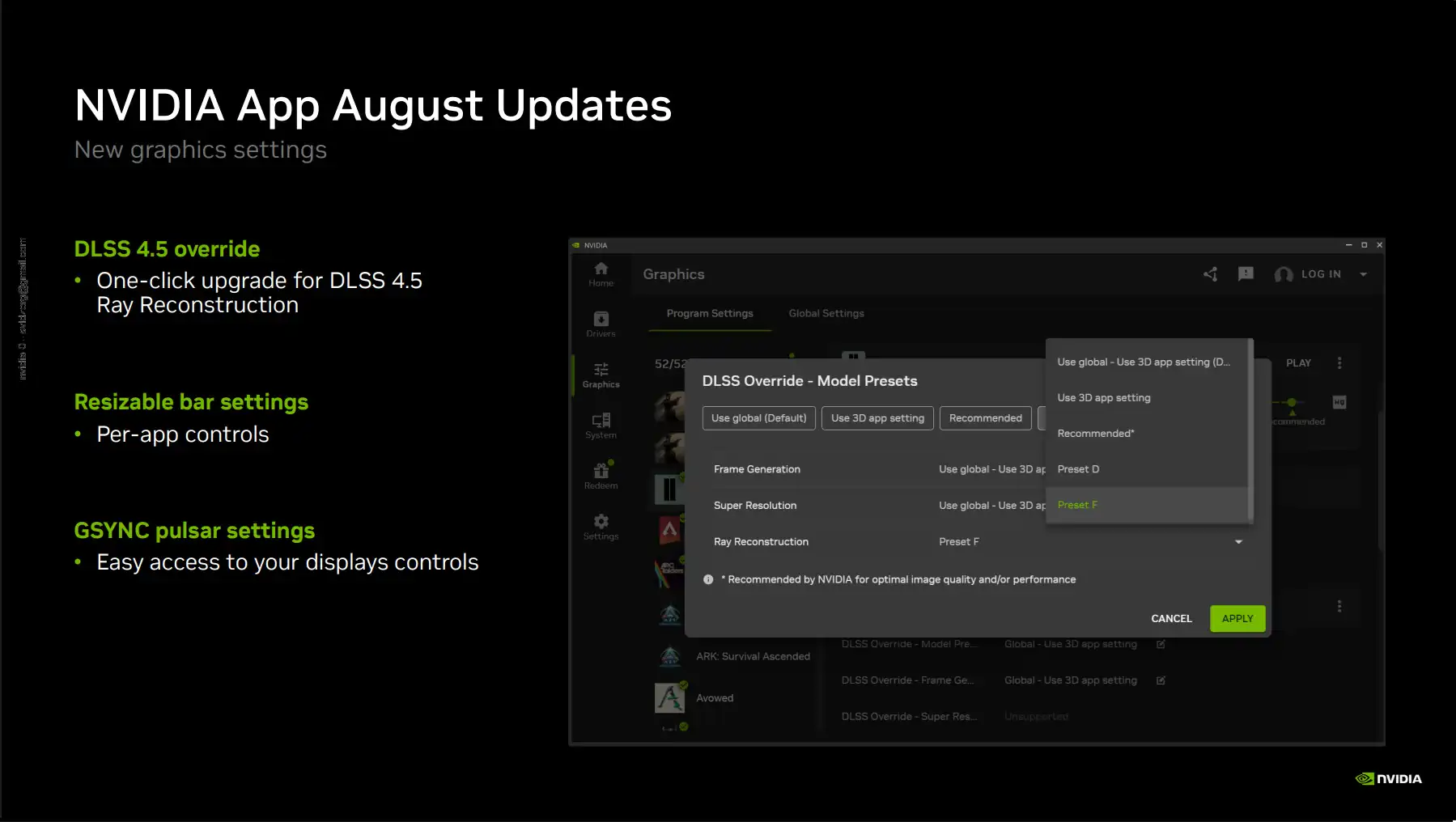 NVIDIA упростила апгрейд до DLSS 4.5 Ray Reconstruction через NVIDIA App