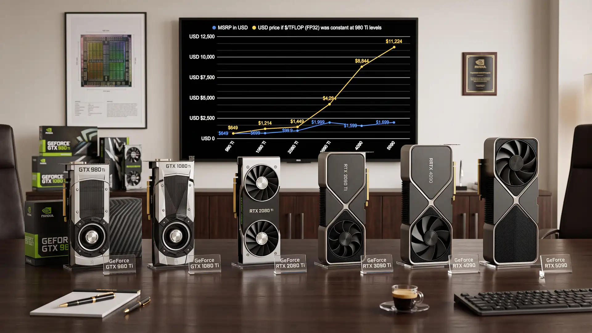 Сравнение флагманов NVIDIA от GTX 980 Ti до RTX 5090 по стоимости TFLOPS