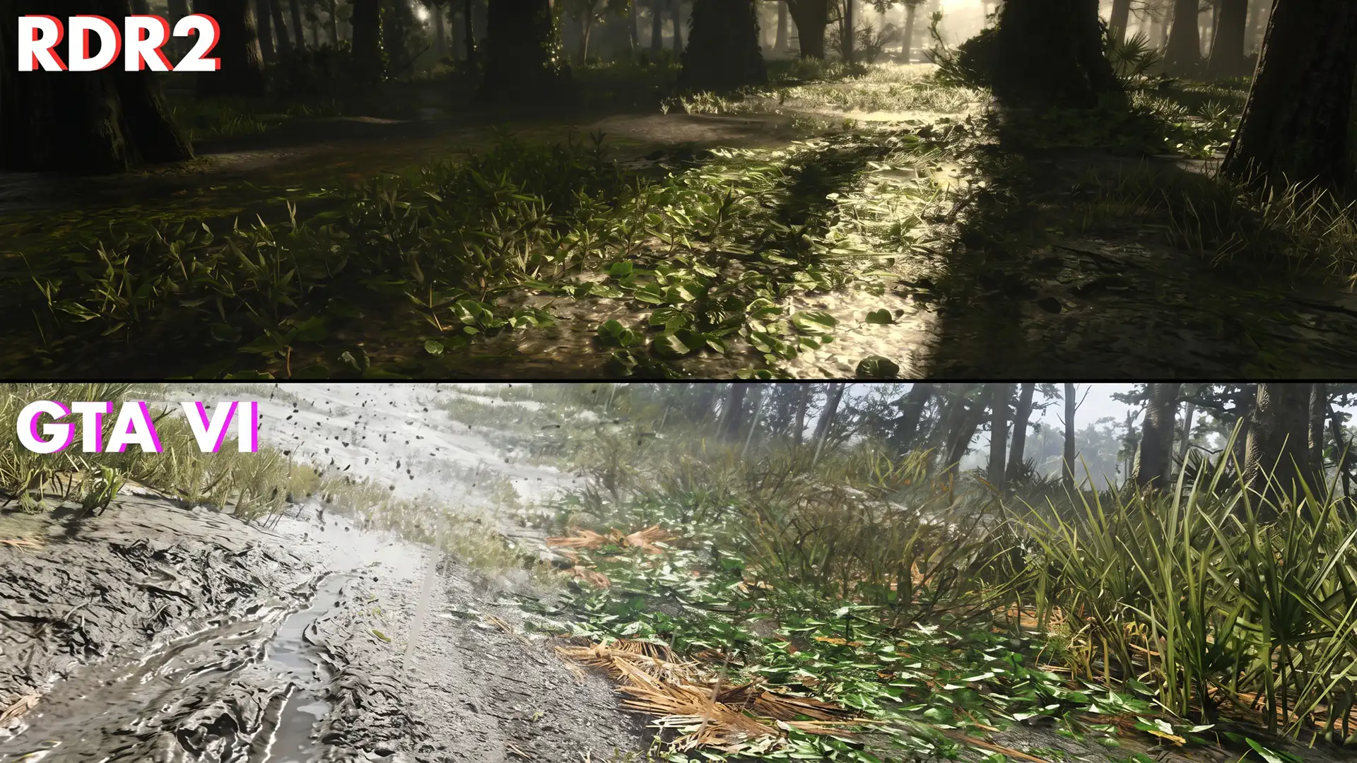 Сравнение качества графики болотной растительности в GTA 6 и RDR 2