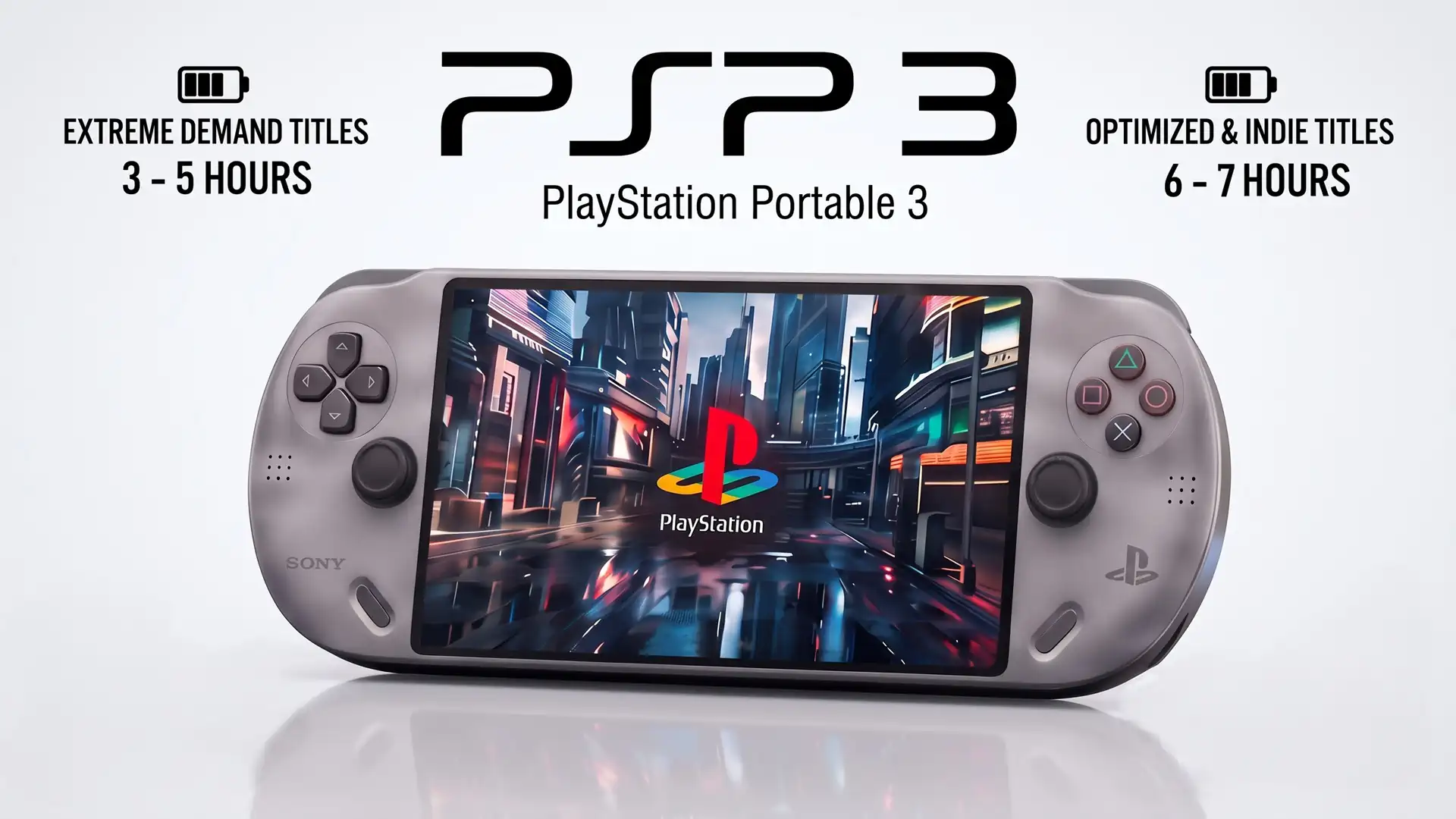 PSP 3 Handheld сможет работать до 5 часов в тяжелых играх и до 7 часов в легких проектах