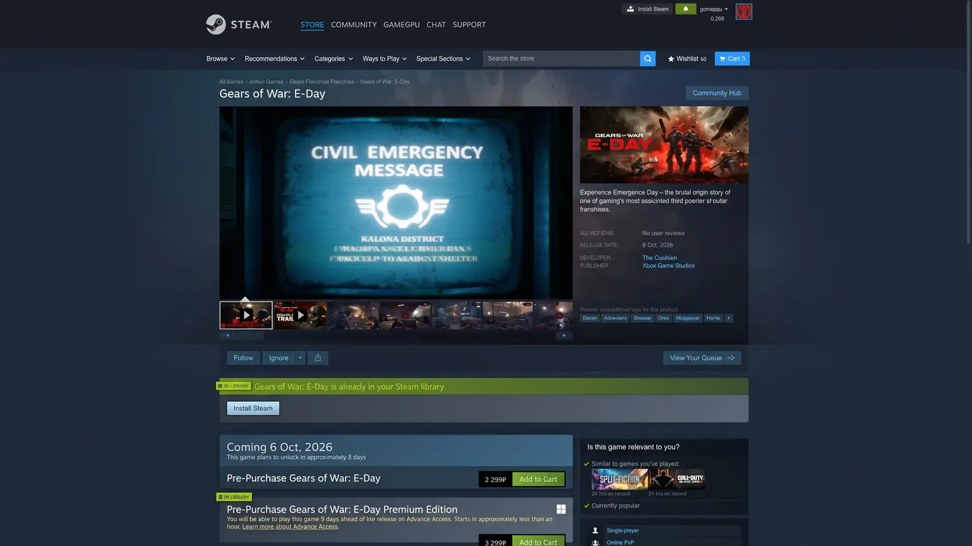 Gears of War E-Day Premium Edition вернулась на витрину Steam перед стартом