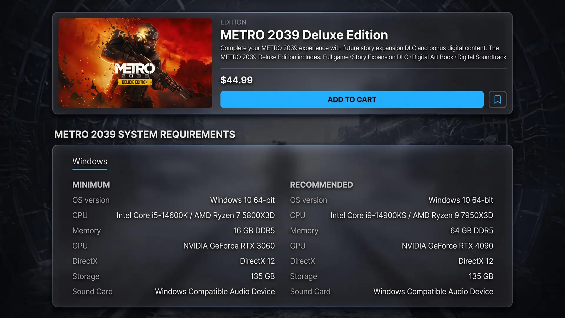 Для METRO 2039 потребуется Core i9-14900KS, RTX 4090 и 64 GB оперативной памяти