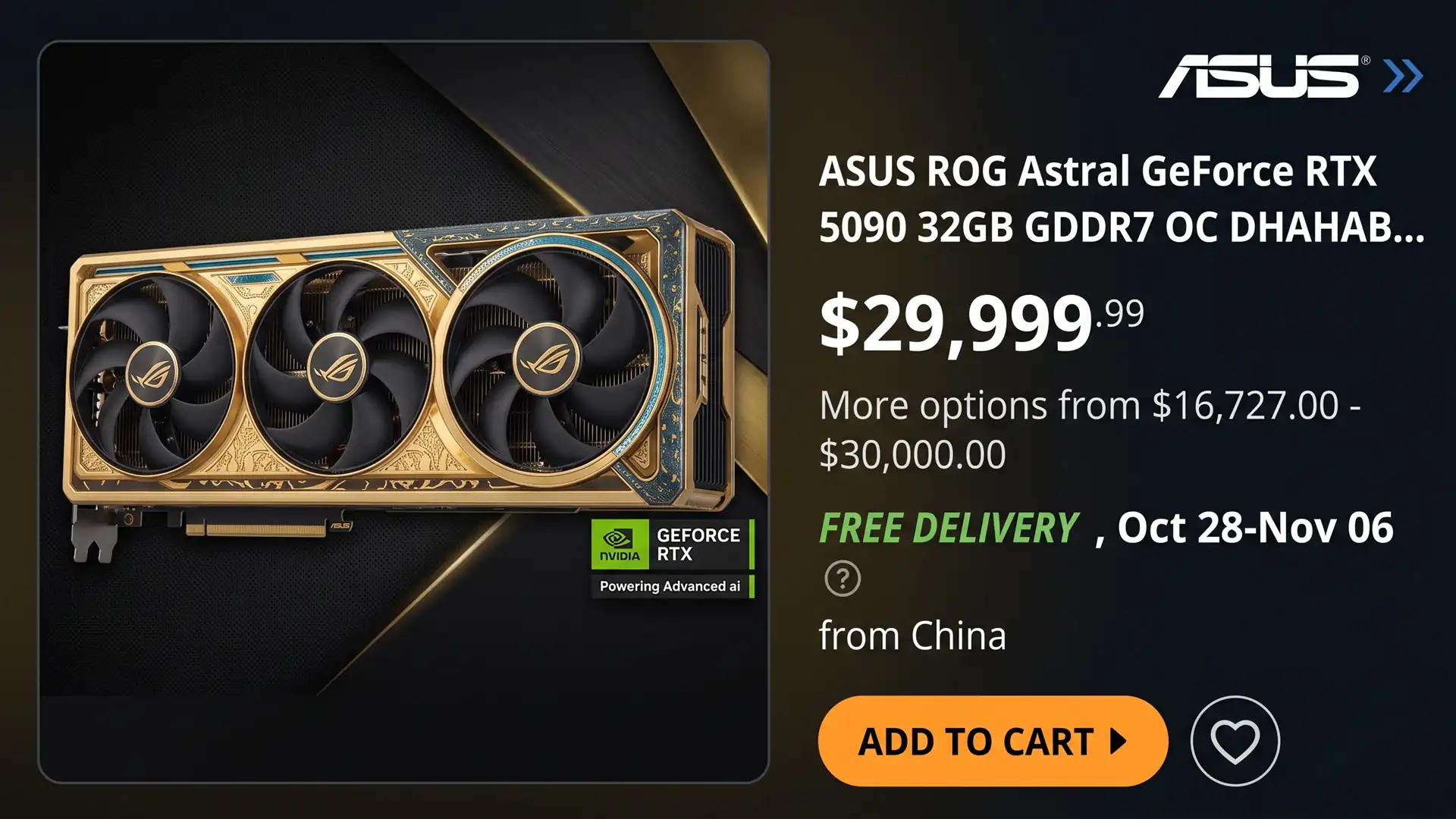 ASUS ROG Astral RTX 5090 Dhahab продают за $30 000 с бесплатной доставкой