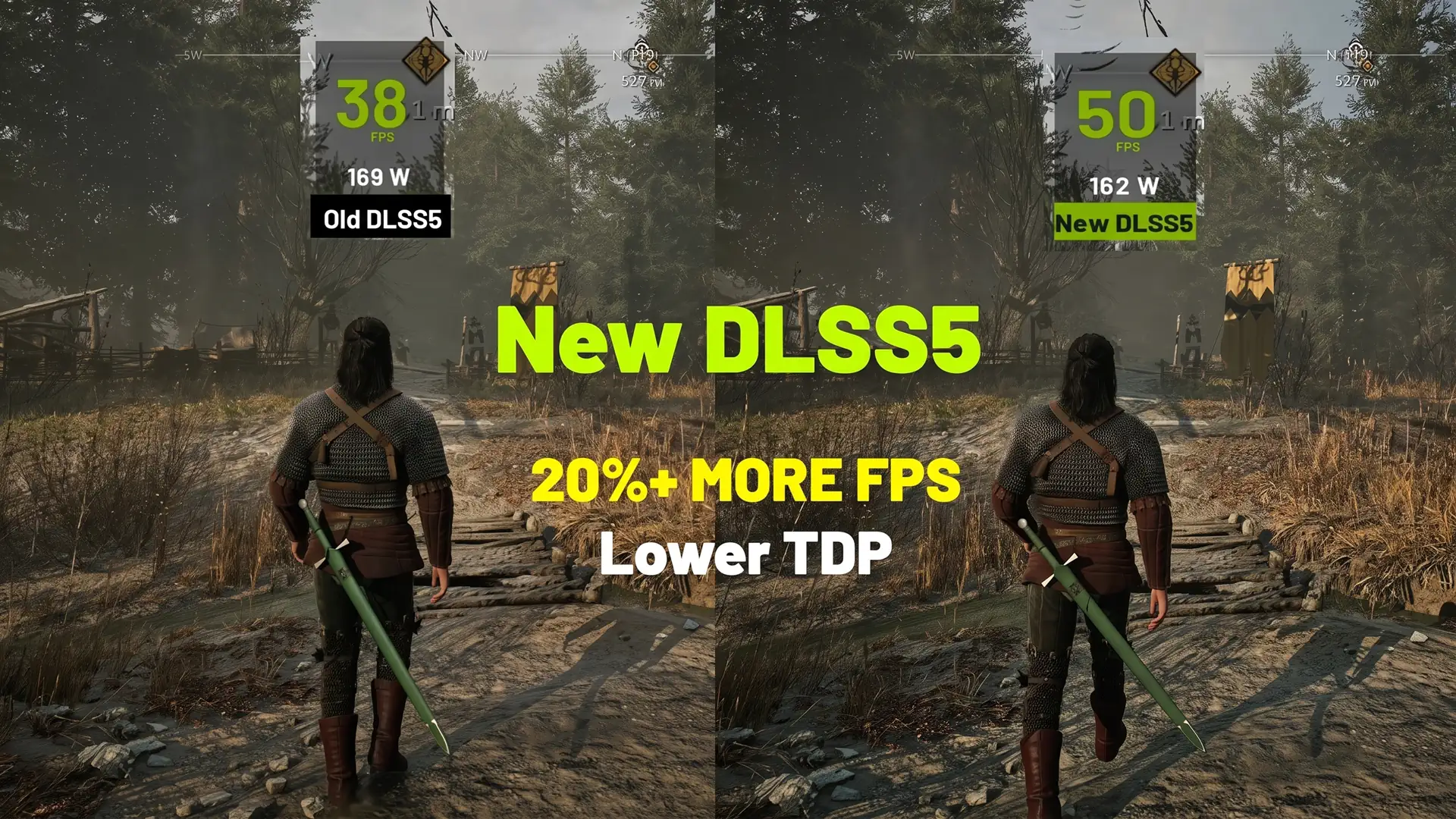 Сравнение старой и новой версии алгоритма DLSS 5 в игре The Blood of Dawnwalker показало прирост FPS выше 20%