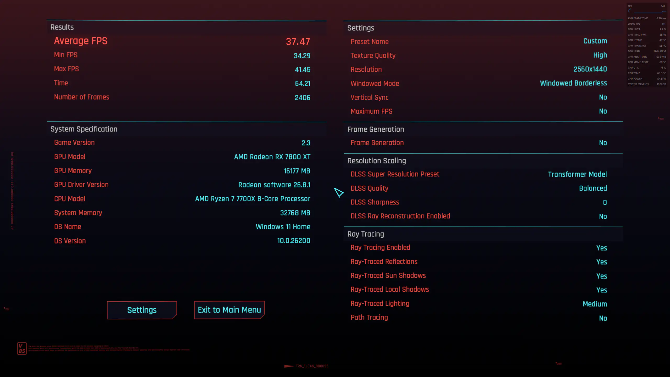 Сравнение производительности FSR 4.1.1 и DLSS 4.5 на Radeon RX 7800 XT в игре Cyberpunk 2077