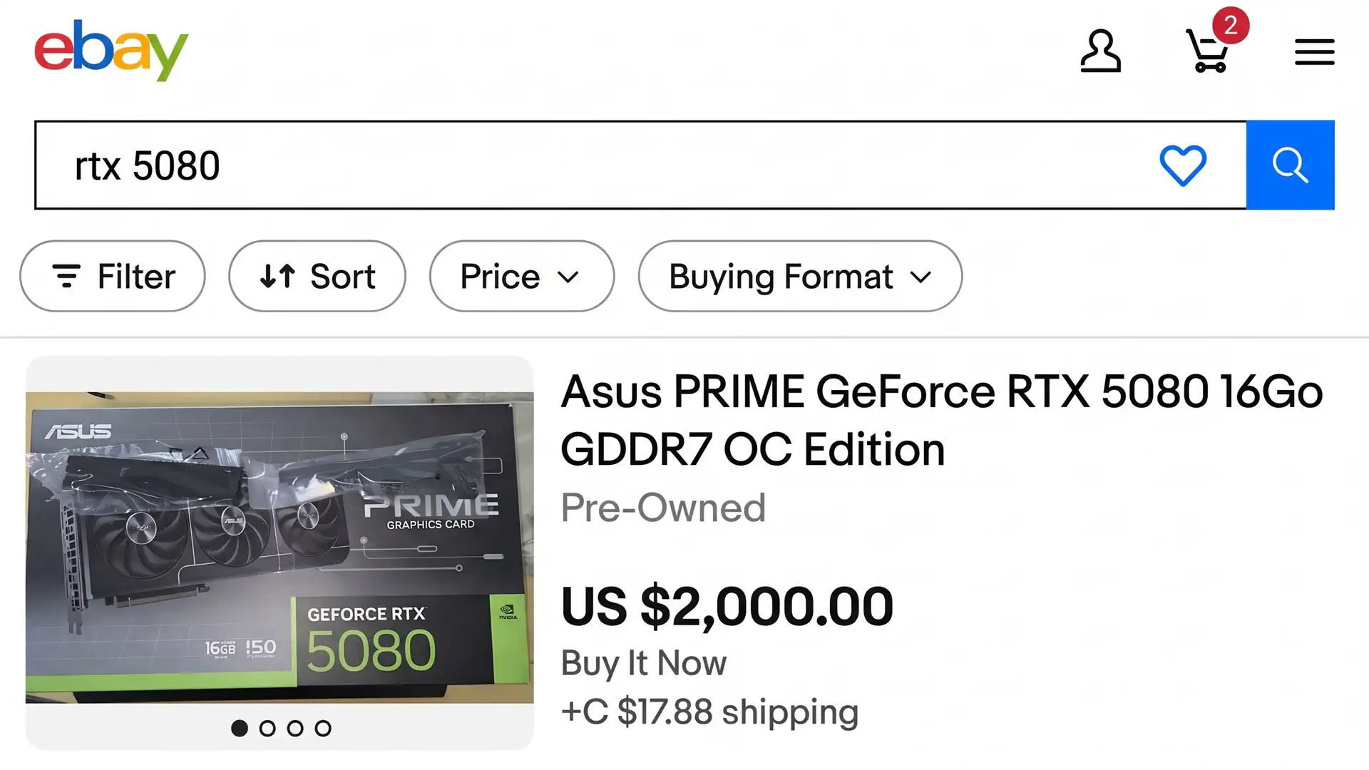 Поврежденную ASUS PRIME GeForce RTX 5080 16GB OC продают на eBay за $2000