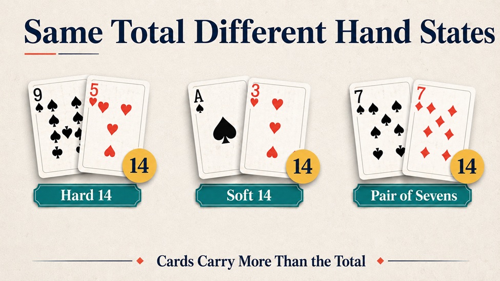 Three blackjack hands totaling fourteen