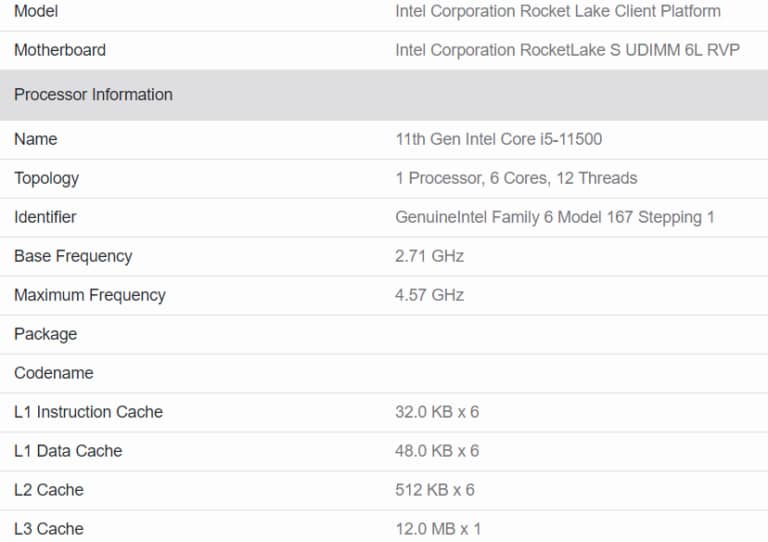 Intel Core i5 11500 Rocket Lake S CPU Specifications 768x542