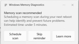 Windows 11 автоматически предложит проверку памяти после BSOD