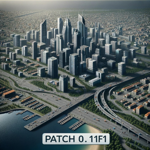 DALLE 2023 10 26 23.30.48 Photo of a virtual cityscape from Cities Skylines 2 showing detailed buildings roads and infrastructures with an overlay of the text Patch 1.0.1