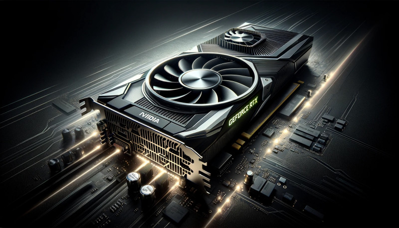 DALLE 2023 11 15 19.57.34 A 16x9 image depicting NVIDIAs next gen GeForce RTX 50 Blackwell Gaming GPU with GDDR7 memory support. The image should visually represent the cutt