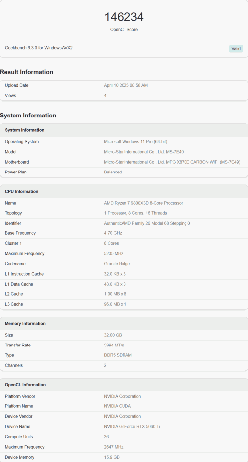 5060 Ti OpenCL Benchmark Leak
