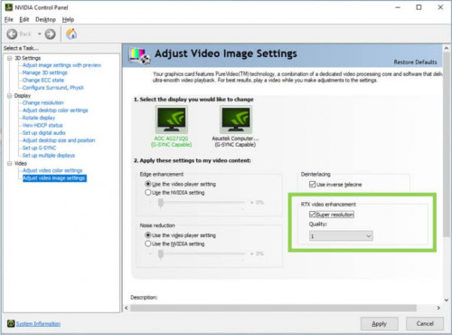 nvidia control panel geforce rtx video super resolution options highlighted v2 768x569