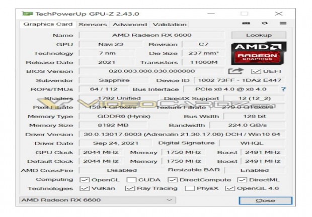 AMD Radeon RX 6600 GPUZ