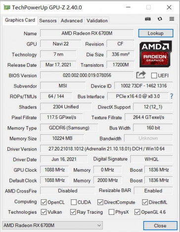 AMD Radeon RX 6700M GPUZ