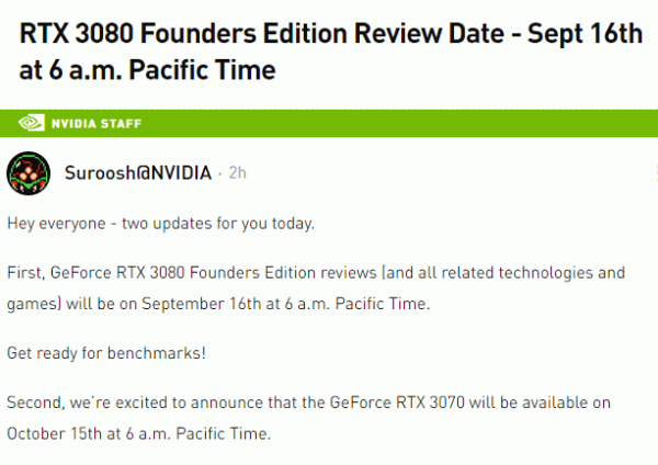 2 2 NVIDIA GeForce RTX 3080 3070 Release Dates