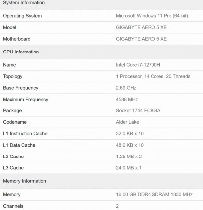 GIGABYTE AERO 5 XE Core i7 12700H 2
