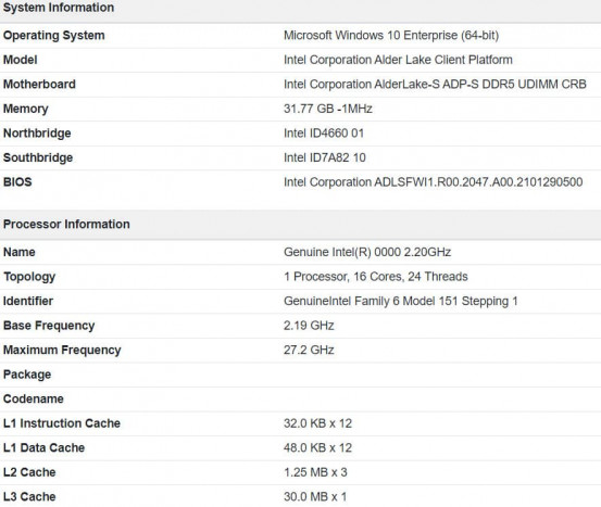 Intel Alder Lake S 16 core 24 Thread Geekbench Specs