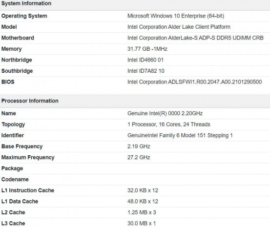 Spécifications Geekbench Intel Alder Lake S 16 cœurs 24 fils