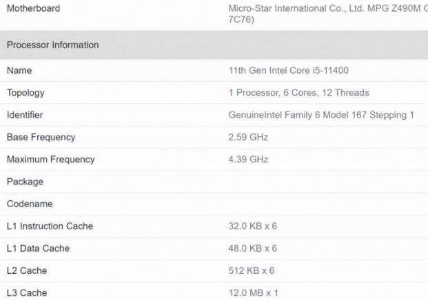 Intel Core i5 11400 Geekbench Specs 768x539