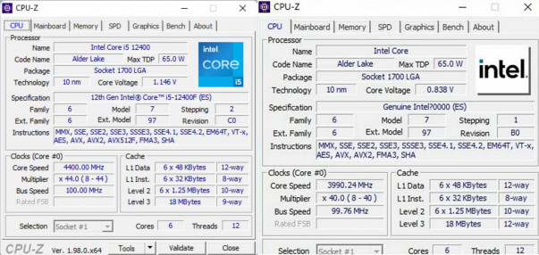 Intel Core i5 12400 QS vs ES CPUZ