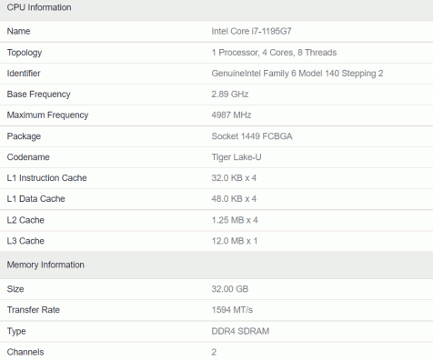 Intel Core i7 1195G7 Geekbench