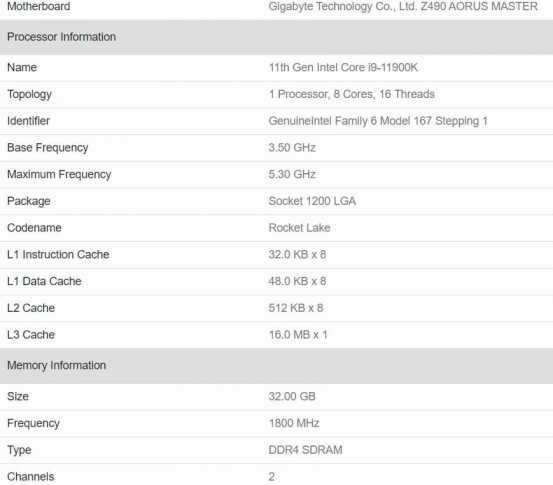 Spécifications Intel Core i9 11900K Geekbench